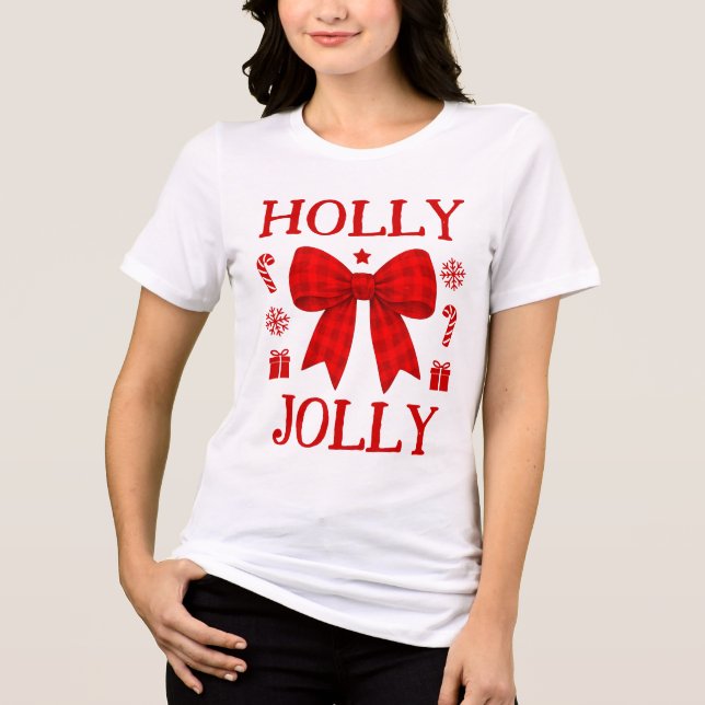 Frohe Weihnachts-Bluse mit rotem Gingham-Schleife Tri-Blend Shirt (Vorderseite)