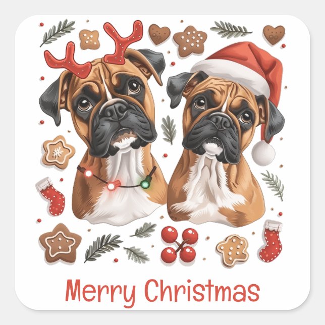 Frohe Weihnachts-Boxer-Hunde Quadratischer Aufkleber (Vorderseite)
