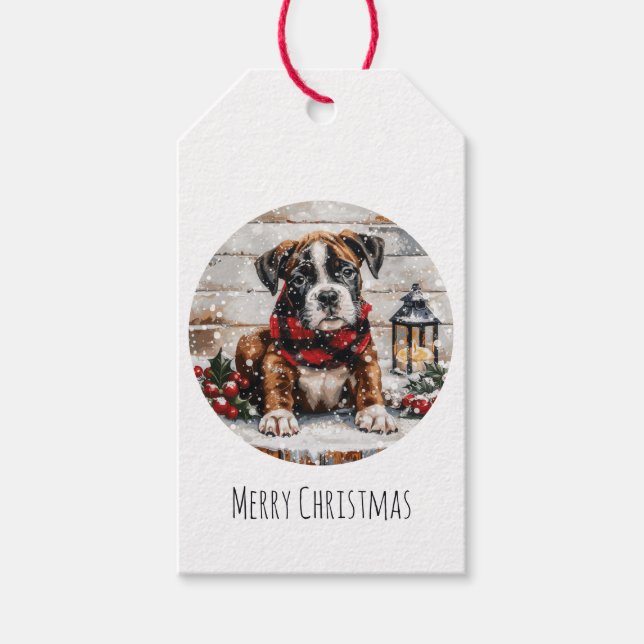 Frohe Weihnachts-Boxer-Welpe Geschenkanhänger (Vorderseite)
