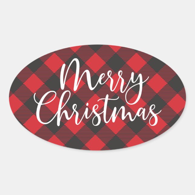 Frohe Weihnachts Buffalo Kariert Classic Round Sti Ovaler Aufkleber (Vorderseite)