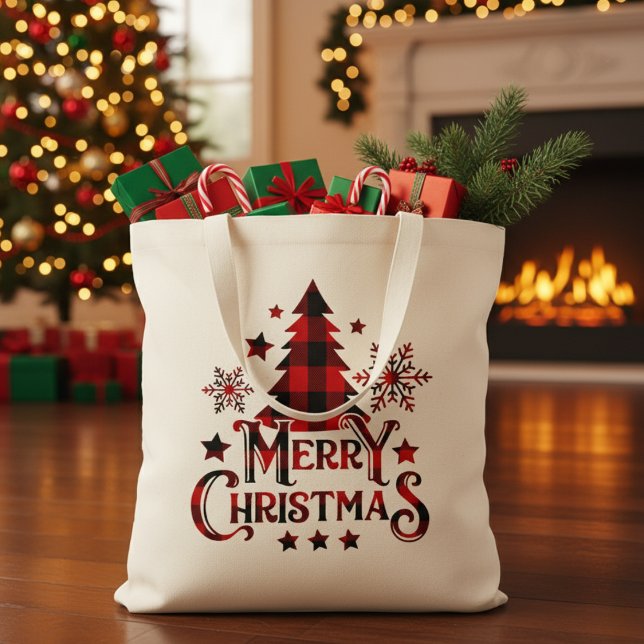 Frohe Weihnachts Buffalo Karierte Weihnachten Tragetasche (Merry Christmas Buffalo Plaid Christmas Tote Bag)