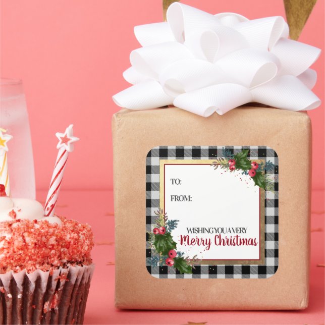 Frohe Weihnachts Buffalo Karo Watercolor Holly Quadratischer Aufkleber (Party)