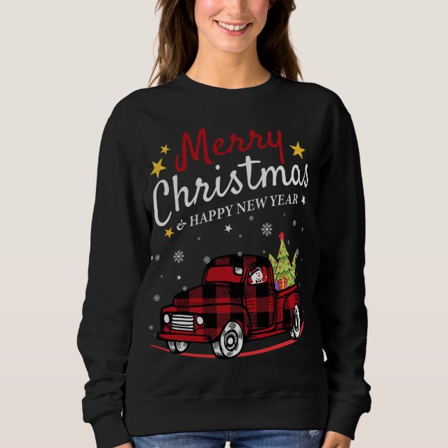 Frohe Weihnachts Buffalo Truck Snowman Tree Red Pl Sweatshirt (Vorderseite)