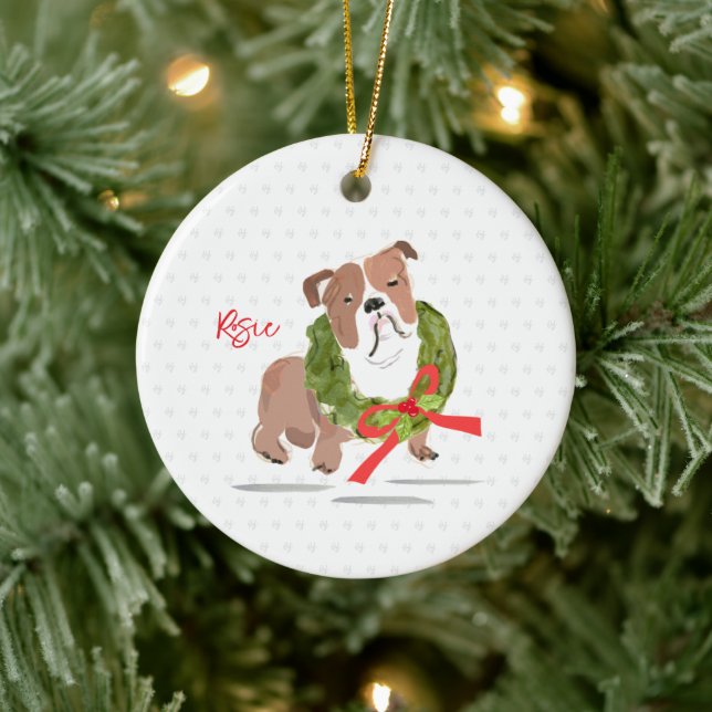 Frohe Weihnachts-Bulldog NAME Holly YEAR Hund Keramik Ornament (Baum)