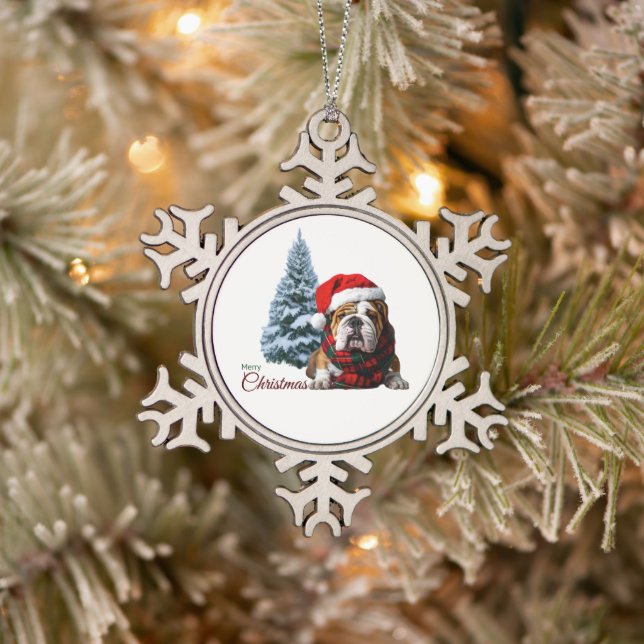 Frohe Weihnachts-Bulldog Schneeflocken Zinn-Ornament (Baum)