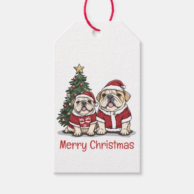 Frohe Weihnachts-Bulldog-Weihnachtsmannmützen Geschenkanhänger (Vorderseite)