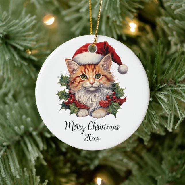 Frohe Weihnachts Cat Kitten Weihnachtsmannmütze Ho Keramik Ornament (Baum)