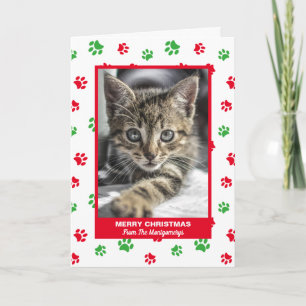Frohe Weihnachts Cat Red Green Paw Prints Pet Foto Feiertagskarte