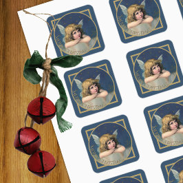 Frohe Weihnachts Cherub Angel Vintag Blue Gold Quadratischer Aufkleber