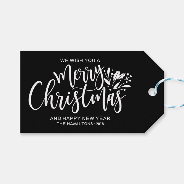 Frohe Weihnachts Chic Script Lettered Black Geschenkanhänger (Vorderseite (Horizontal))