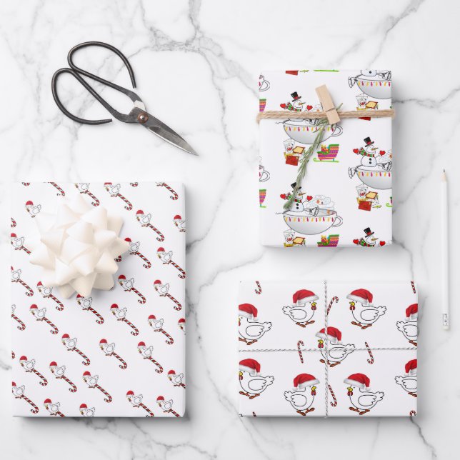 Frohe Weihnachts Chickens Wrapping Paper Snowman Geschenkpapier Set (Vorderseite)