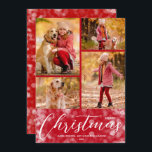 Frohe Weihnachts Collage Multi-Foto Red Feiertagskarte<br><div class="desc">Laden Sie Ihre Lieblings-4-Fotos auf diese Weihnachtsfotokarte,  die Frohe Weihnachten und Ihre Namen in schicken,  weißen Schriftzeichen auf einem roten Hintergrund weiß verschwommene Lichter. Wählen Sie Matte für schwerstes Papier und High Definition für beste Foto-Qualität. MEHR FARBEN für Sie in unserem Geschäft.</div>