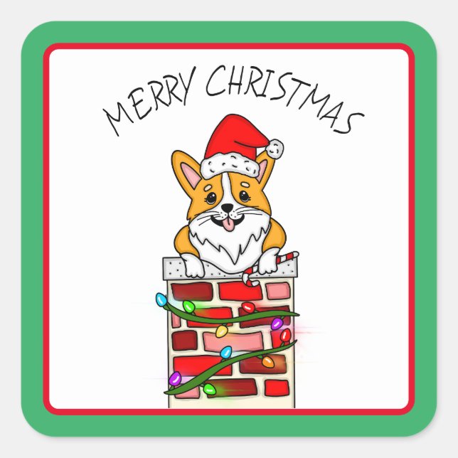 Frohe Weihnachts Corgi in Chimney mit Lichtern Quadratischer Aufkleber (Vorderseite)