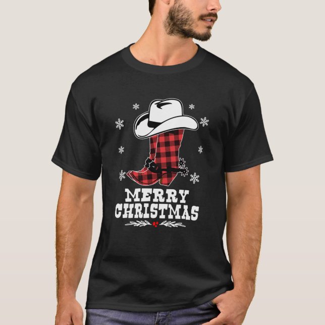 Frohe Weihnachts Cowboy Boots Red Buffalo Kariert  T-Shirt (Vorderseite)