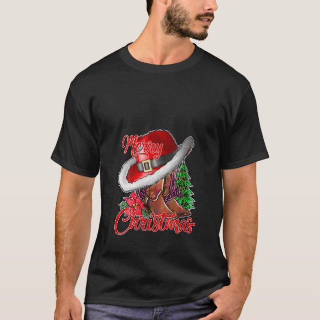 Frohe Weihnachts Cowboy Boots Xmas Tree Lights Cow T-Shirt (Vorderseite)