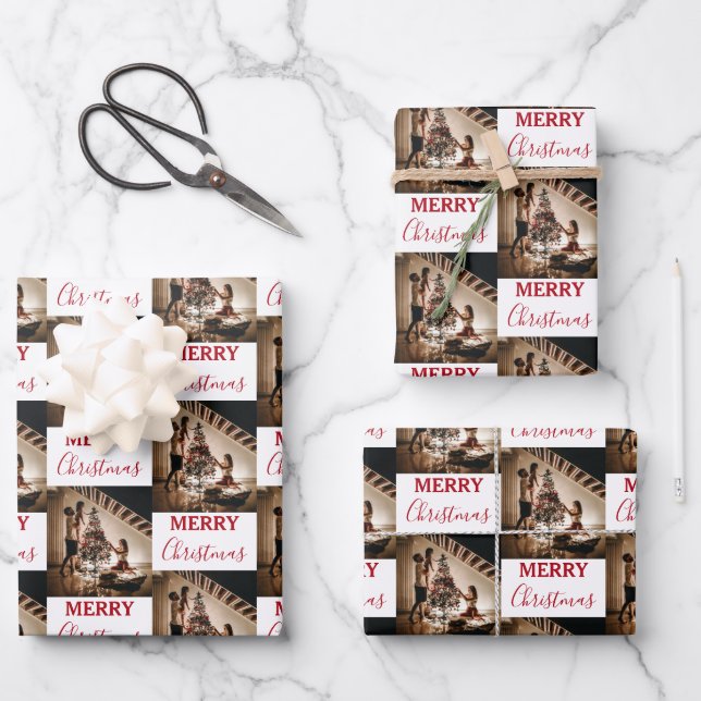 Frohe Weihnachts Custom Family Foto Geschenkpapier Set (Vorderseite)