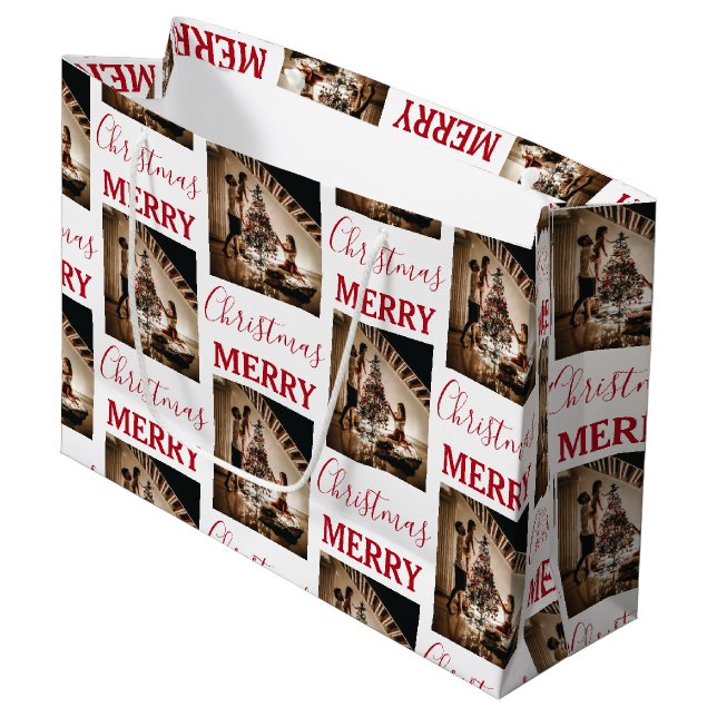 Frohe Weihnachts Custom Family Foto Große Geschenktüte (Vorderseite Schrägansicht)