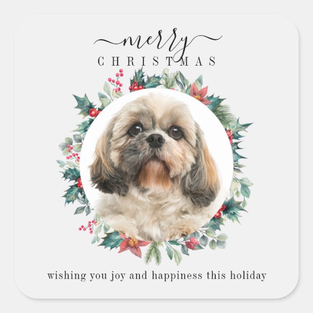 Frohe Weihnachts Custom Pet Portrait Quadratischer Aufkleber (Vorderseite)