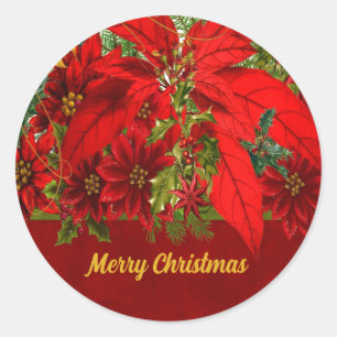 Frohe Weihnachts Custom Text und Poinsettia Runder Aufkleber