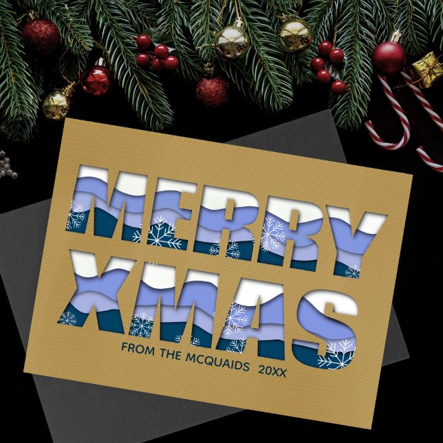 Frohe Weihnachts Cut Out Blue Gold Mitteilungskarte (Merry Xmas in blues and whites)