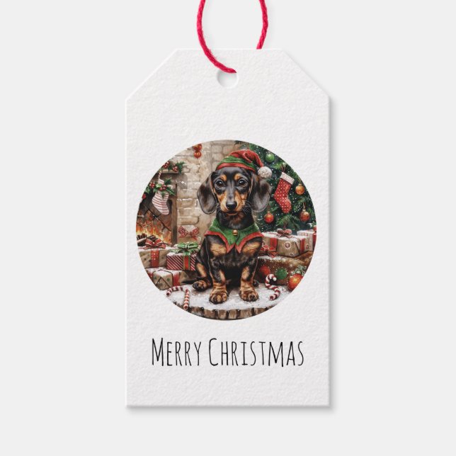 Frohe Weihnachts-Dackel Hunde Elf Geschenkanhänger (Vorderseite)