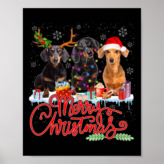 Frohe Weihnachts-Dackel Hunde Santa Reindeer Ligh Poster (Vorne)