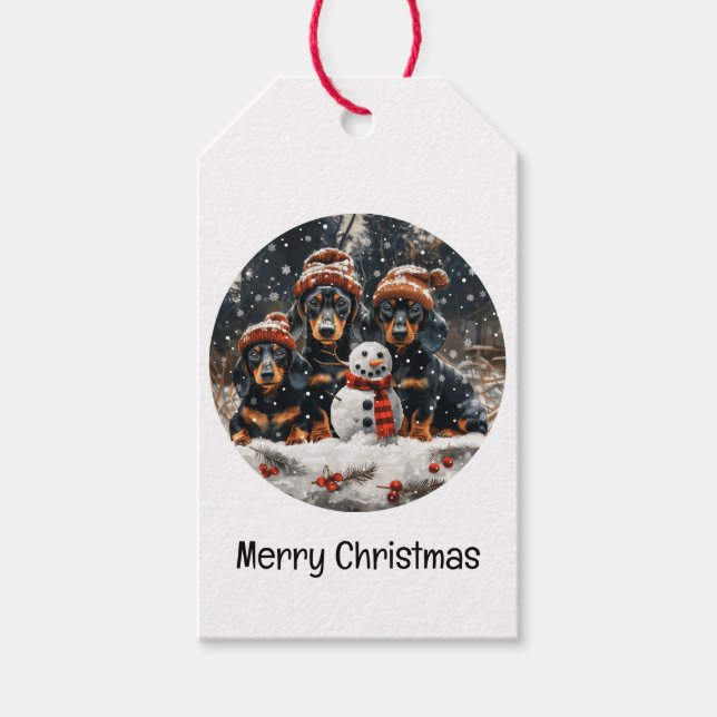 Frohe Weihnachts-Dackel Hunde Snowman Geschenkanhänger (Vorderseite)