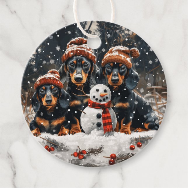 Frohe Weihnachts-Dackel Hunde Snowman Geschenkanhänger (Vorderseite)