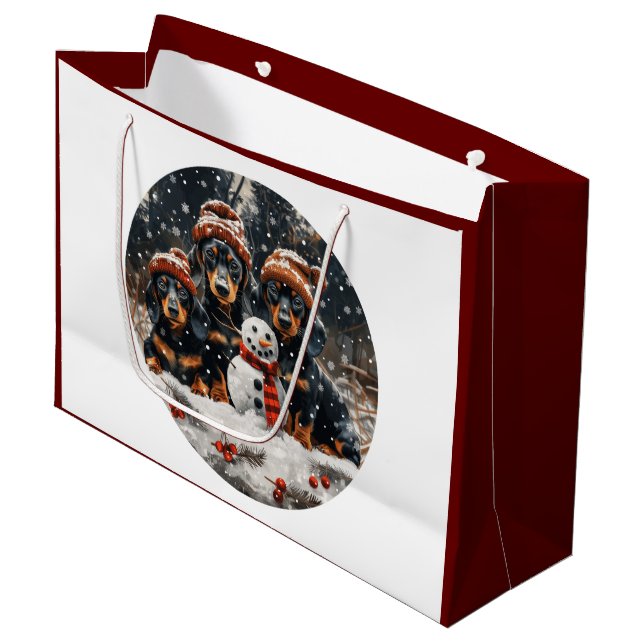 Frohe Weihnachts-Dackel Hunde Snowman Große Geschenktüte (Vorderseite Schrägansicht)