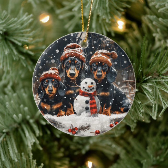 Frohe Weihnachts-Dackel Hunde Snowman Keramik Ornament (Baum)