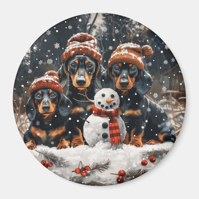 Frohe Weihnachts-Dackel Hunde Snowman Magnet (Vorne)
