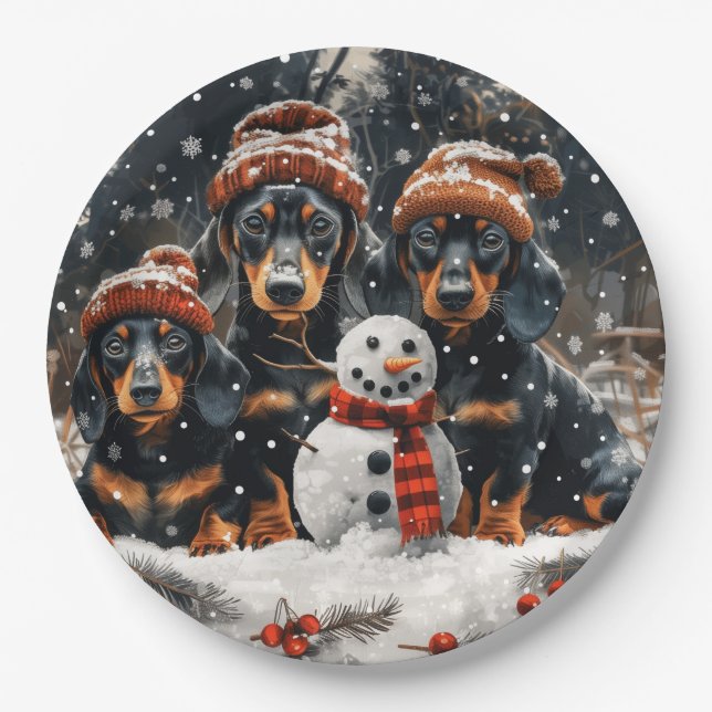 Frohe Weihnachts-Dackel Hunde Snowman Pappteller (Vorderseite)