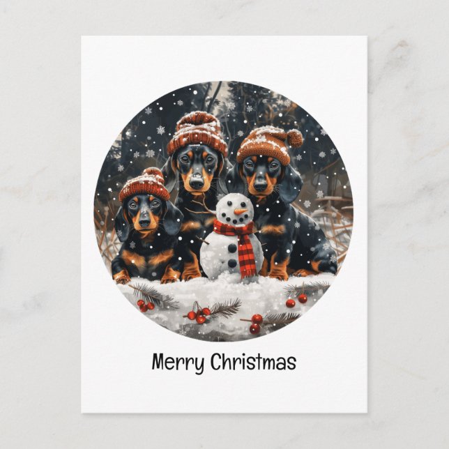 Frohe Weihnachts-Dackel Hunde Snowman Postkarte (Vorderseite)