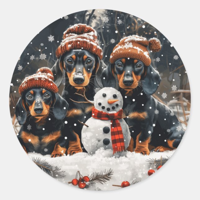 Frohe Weihnachts-Dackel Hunde Snowman Runder Aufkleber (Vorderseite)
