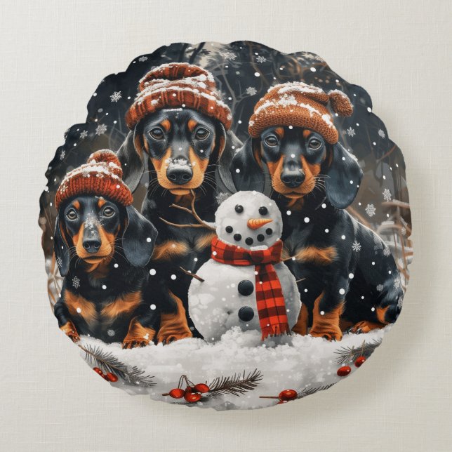 Frohe Weihnachts-Dackel Hunde Snowman Rundes Kissen (Vorderseite)