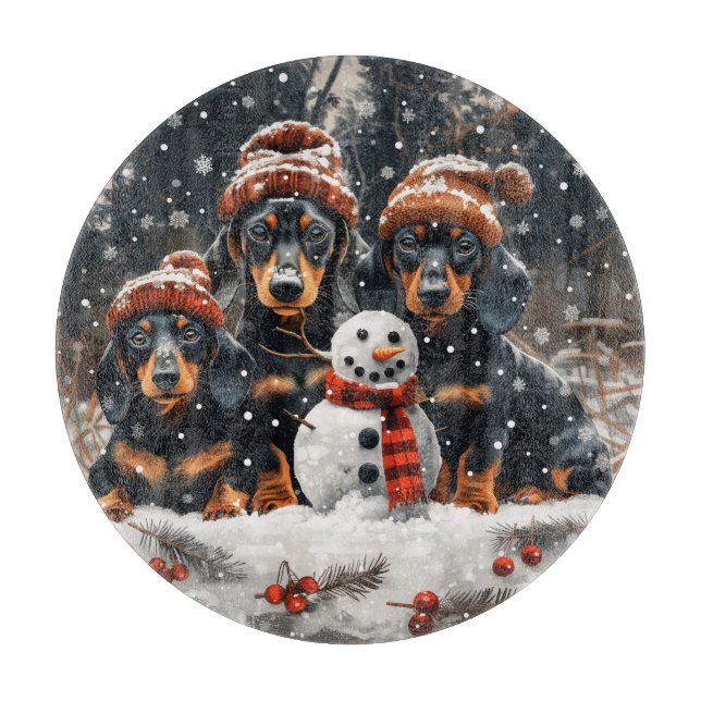 Frohe Weihnachts-Dackel Hunde Snowman Schneidebrett (Vorderseite)