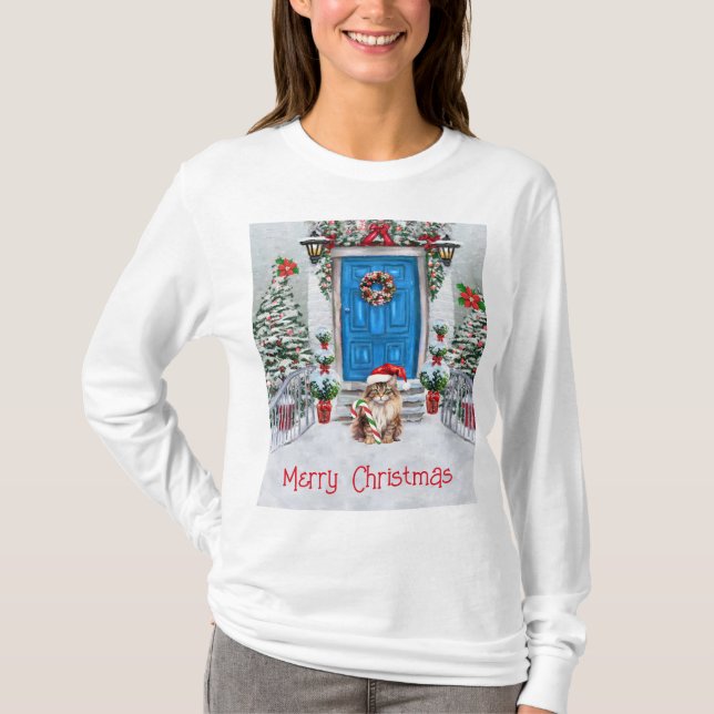 Frohe Weihnachts-dekorierte Haus mit Santa Kitty T-Shirt (Vorderseite)