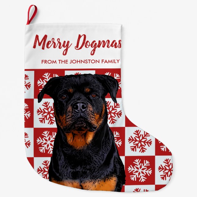 Frohe Weihnachts Dogmas Rottweiler Festive Red Dog Großer Weihnachtsstrumpf (Vorderseite)