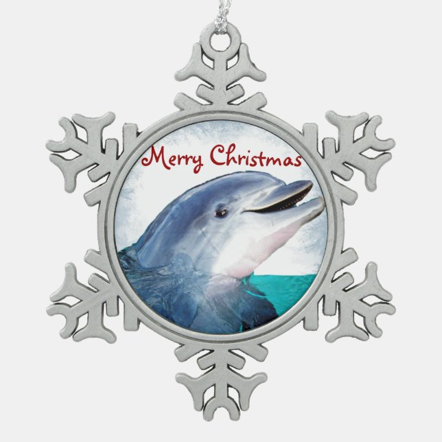 Frohe Weihnachts-Dolphin Schneeflocken Zinn-Ornament (Vorderseite)