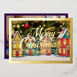 Frohe Weihnachts-Dorfhäuser Lila Gold Folien Feiertagskarte
