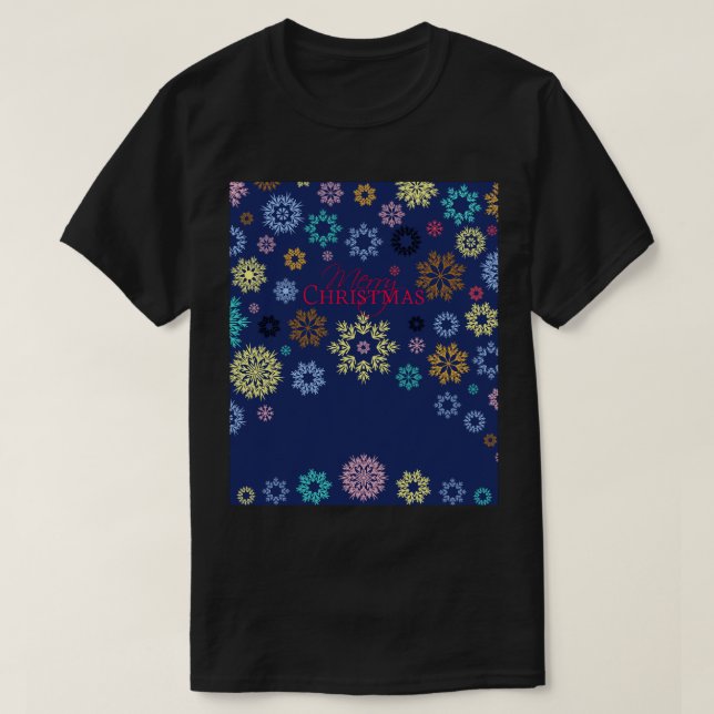 Frohe Weihnachts Dunkelblau Multicolored Schneeflo T-Shirt (Design vorne)