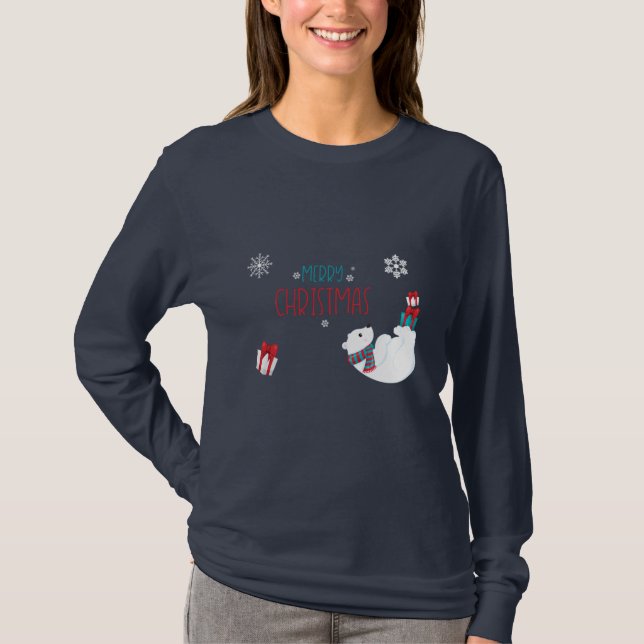 Frohe Weihnachts-Eisbär mit Schneeflocken T-Shirt (Vorderseite)