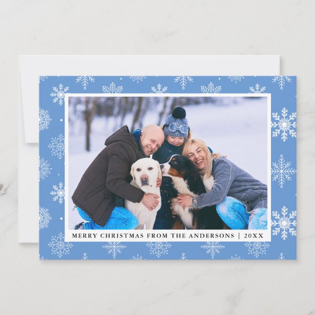 Frohe Weihnachts Familie Foto Blue Snowflakes Card Einladung (Vorderseite)