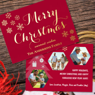 Frohe Weihnachts Familie Foto Card, Schneeflocken, Folien Feiertagskarte