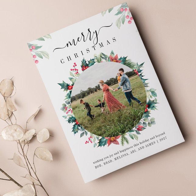 Frohe Weihnachts Familie Foto Grußkarte (Christmas Holidays Family Photo Botanical Greetings Card)