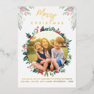 Frohe Weihnachts Familie Foto Mistletoe Gold Folien Feiertagskarte