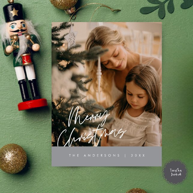 Frohe Weihnachts Familie Foto, Navy Blue Postkarte (Modern Season Greeting, Merry Christmas Family Photo Postcard in dark grey)