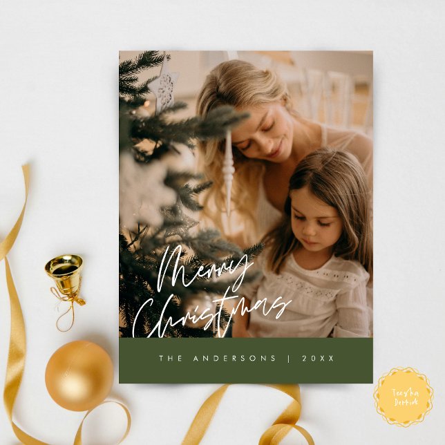 Frohe Weihnachts Familie Foto, Navy Blue Postkarte (Modern Season Greeting, Merry Christmas Family Photo Postcard in green)