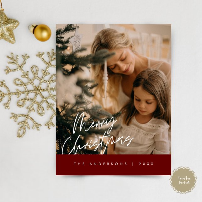 Frohe Weihnachts Familie Foto, Navy Blue Postkarte (Modern Season Greeting, Merry Christmas Family Photo Postcard in burgundy red)