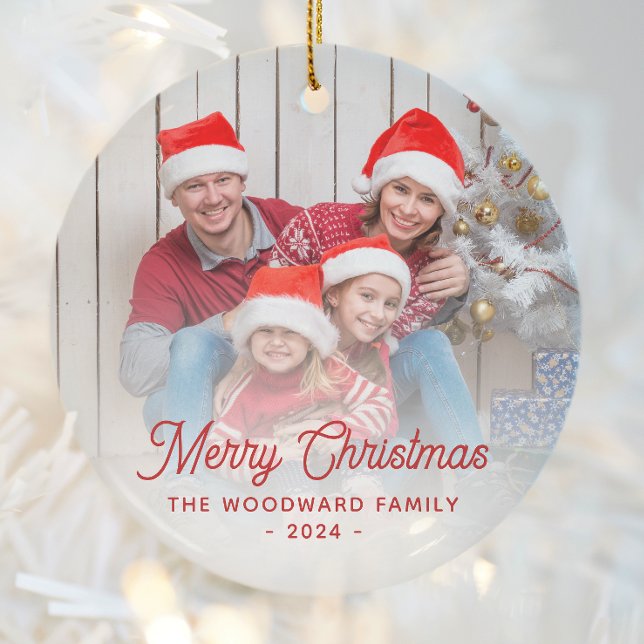 Frohe Weihnachts Familie Foto Rote Schrift Keramik Ornament (Von Creator hochgeladen)